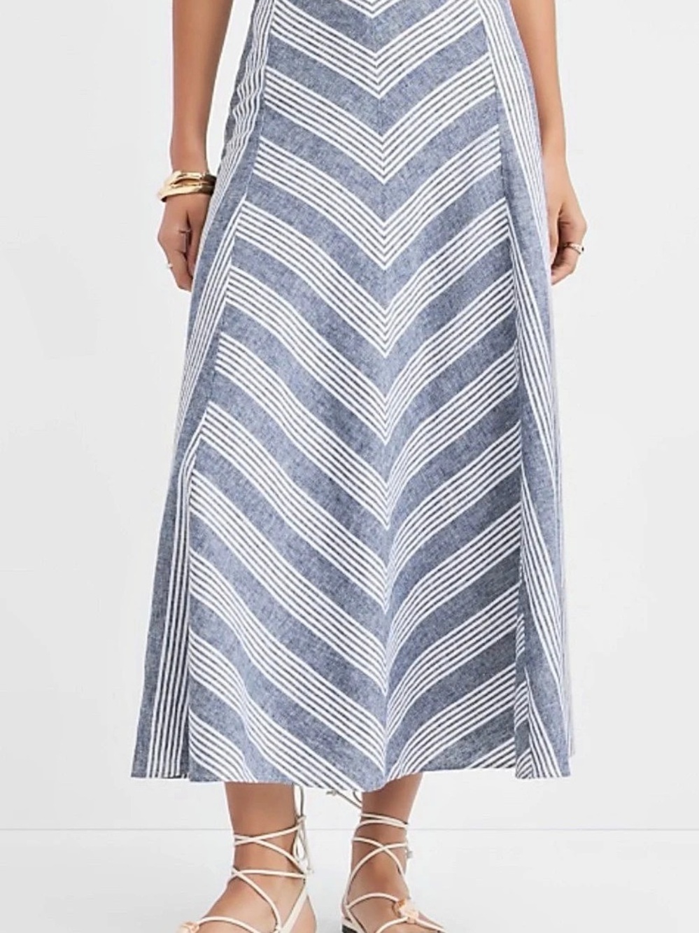 LOFT Chevron Linen Cotton Midi Skirt Blue & White